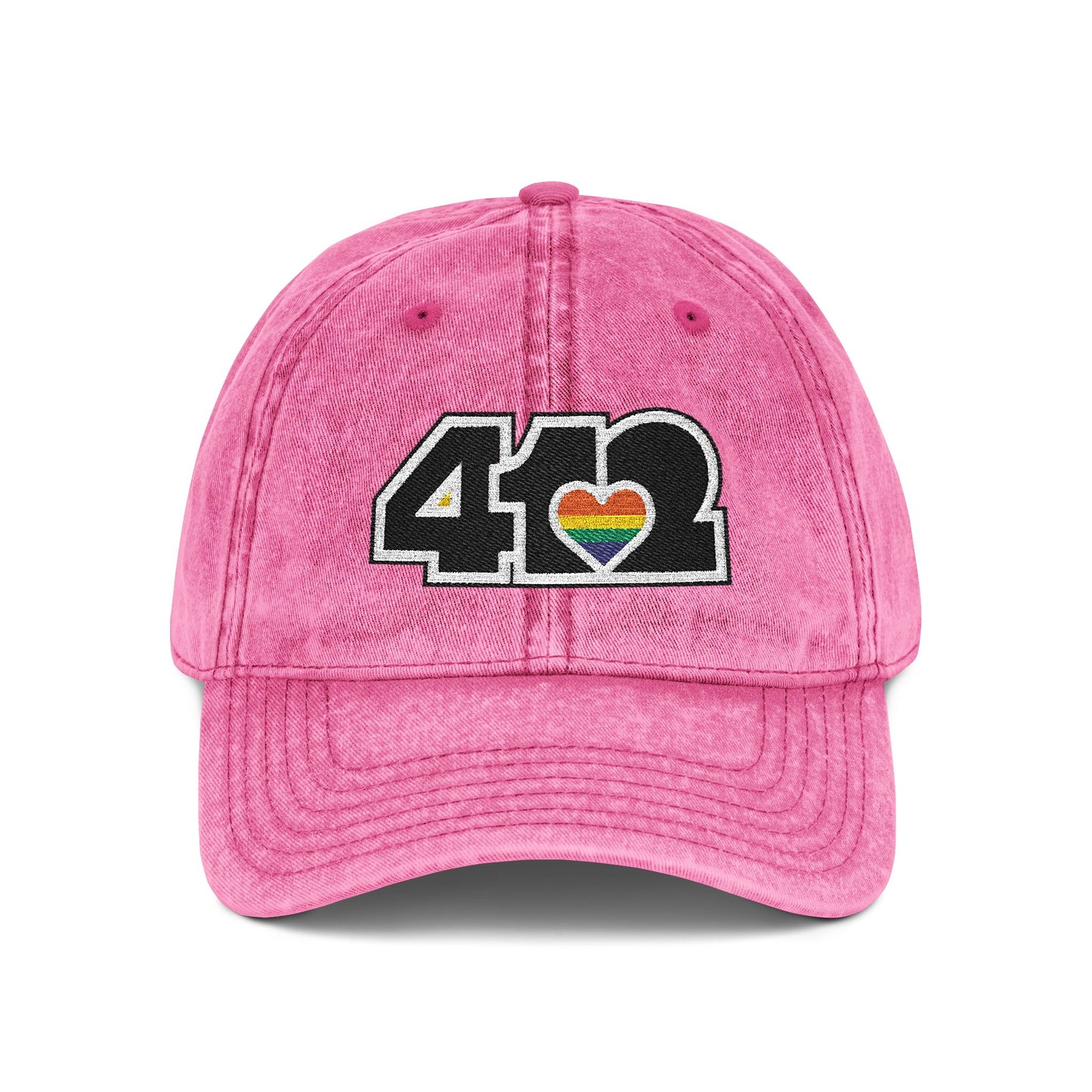 Pittsburgh Vintage Hat | Embroidered Black and Rainbow 412 Logo. Apparel Color: Pink. A relaxed fit, cotton twill fabric, adjustable buckle, and washed-out finish look.