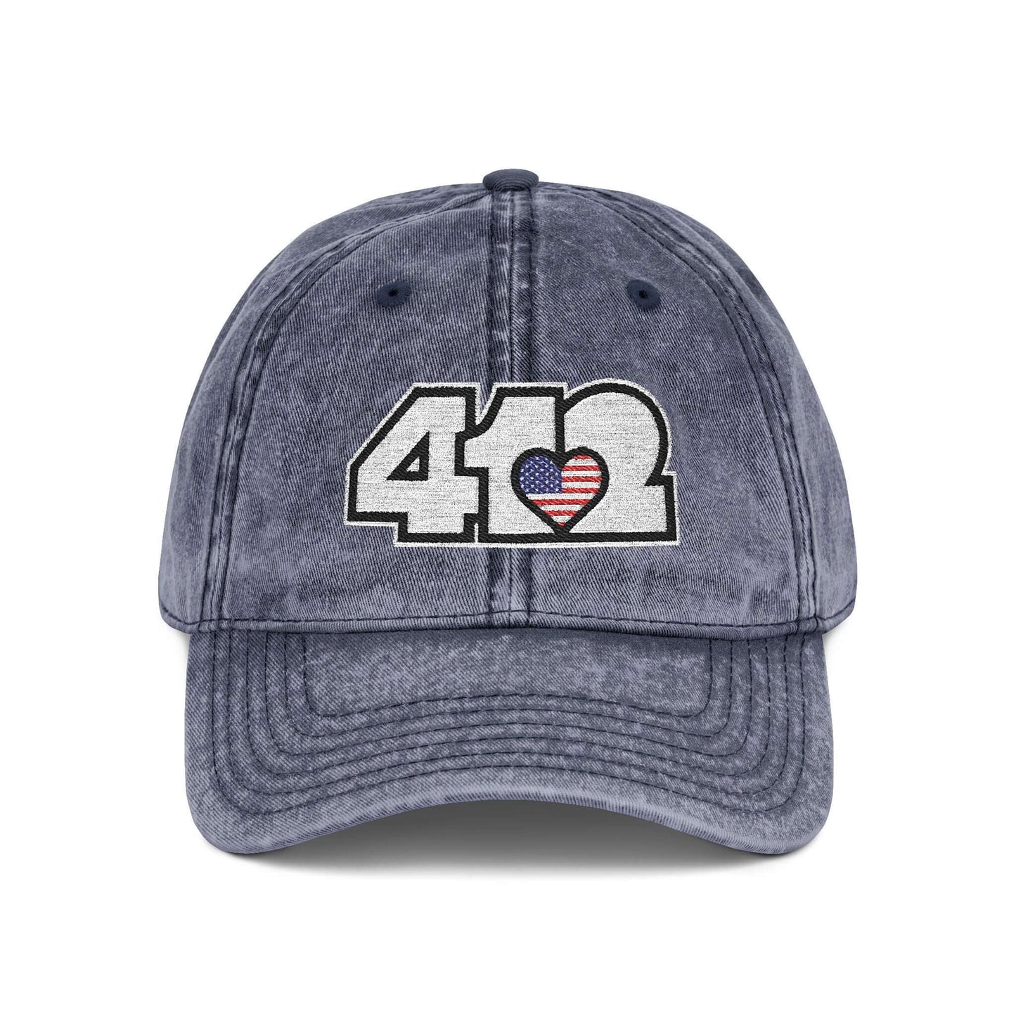 Pittsburgh Vintage Hat | Embroidered White Stars and Stripes 412 Logo. Apparel Color: Navy. A relaxed fit, cotton twill fabric, adjustable buckle, and washed-out finish look.
