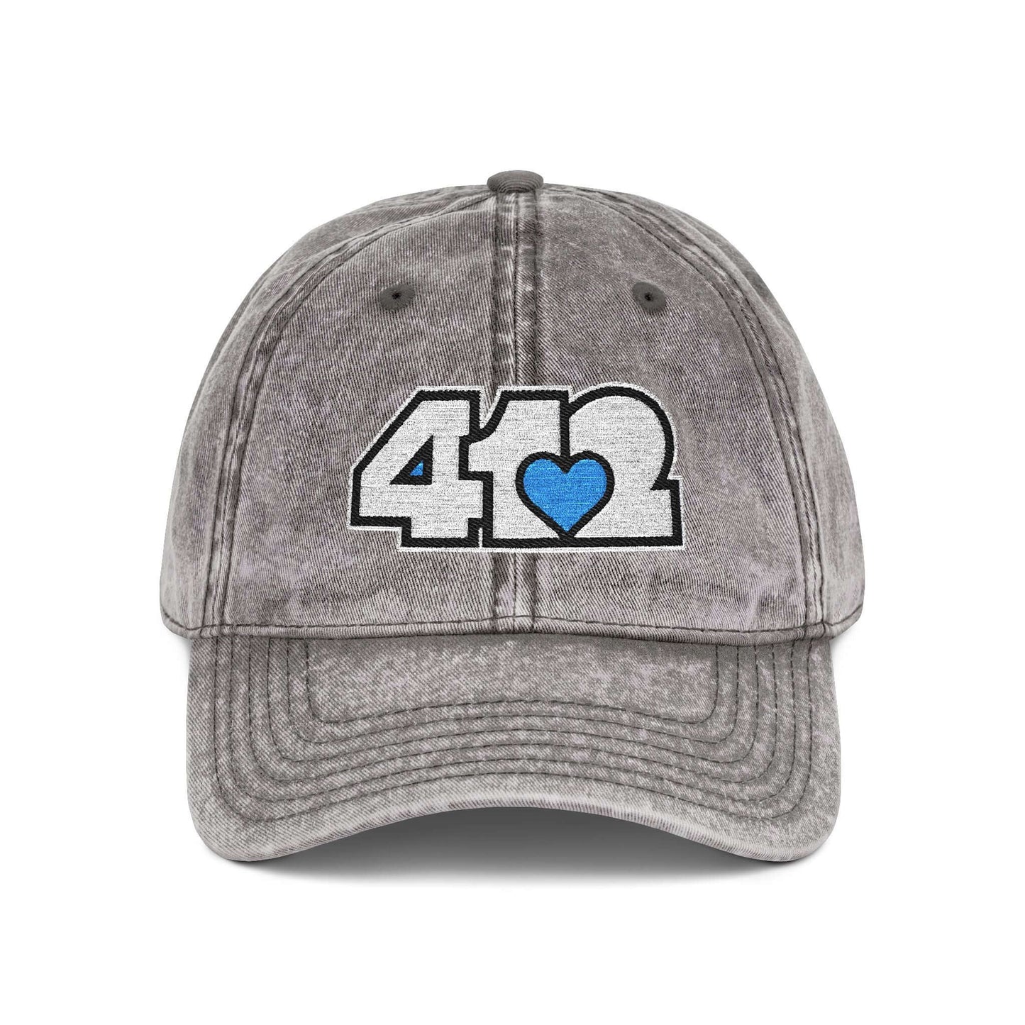 Pittsburgh Vintage Hat | Embroidered White and Blue 412 Logo. Apparel Color: Charcoal Grey. A relaxed fit, cotton twill fabric, adjustable buckle, and washed-out finish look.