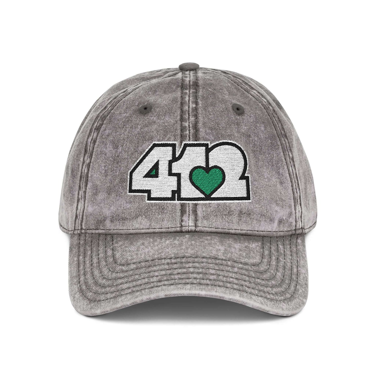 Pittsburgh Vintage Hat | Embroidered White and Green 412 Logo. Apparel Color: Charcoal Grey. A relaxed fit, cotton twill fabric, adjustable buckle, and washed-out finish look.
