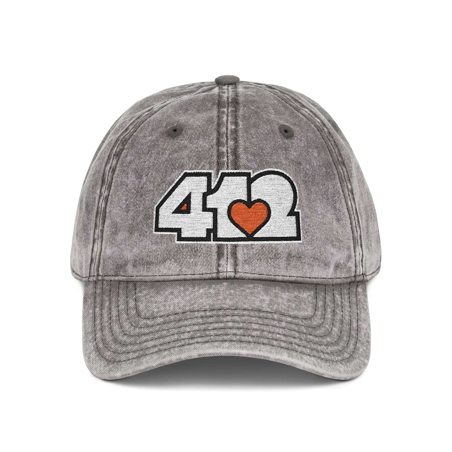 Pittsburgh Vintage Hat | Embroidered White and Orange 412 Logo. Apparel Color: Charcoal Grey. A relaxed fit, cotton twill fabric, adjustable buckle, and washed-out finish look.