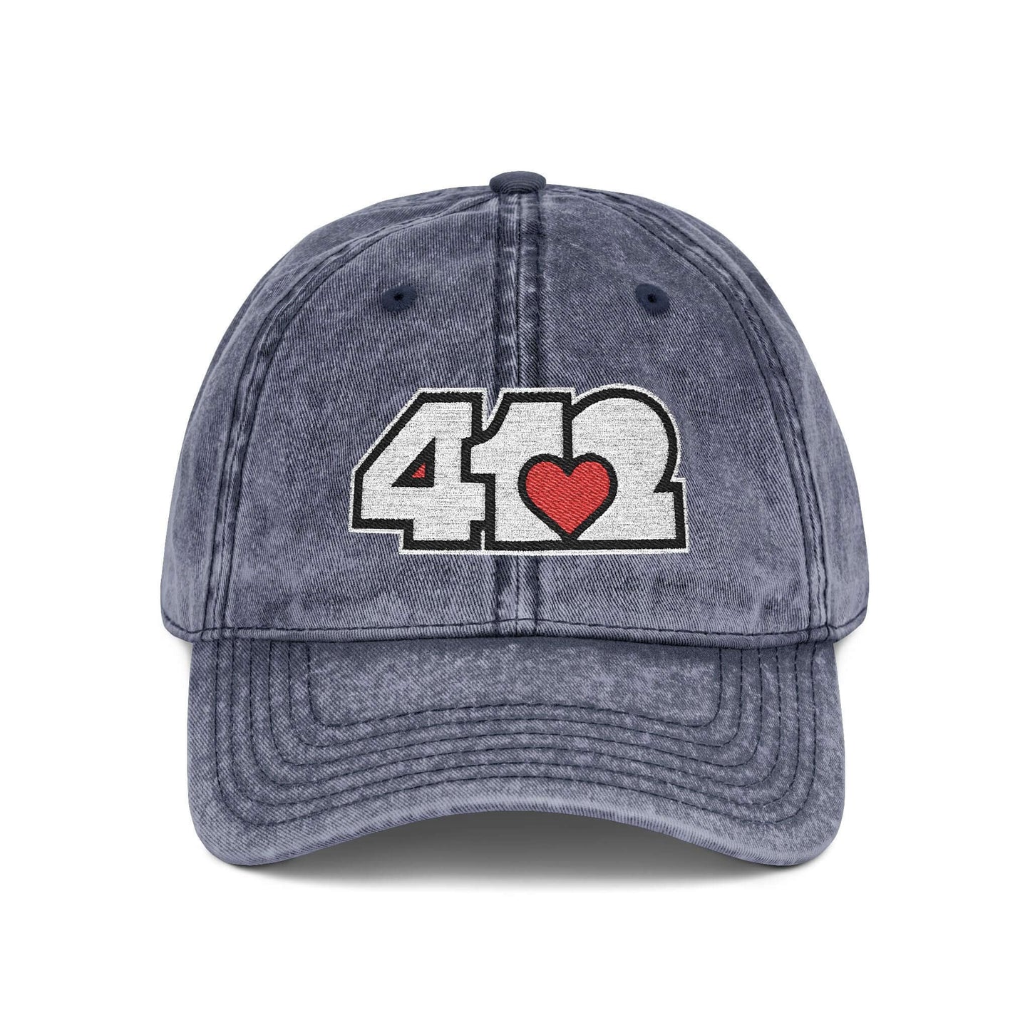 Pittsburgh Vintage Hat | Embroidered White and Red 412 Logo. Apparel Color: Navy. A relaxed fit, cotton twill fabric, adjustable buckle, and washed-out finish look.