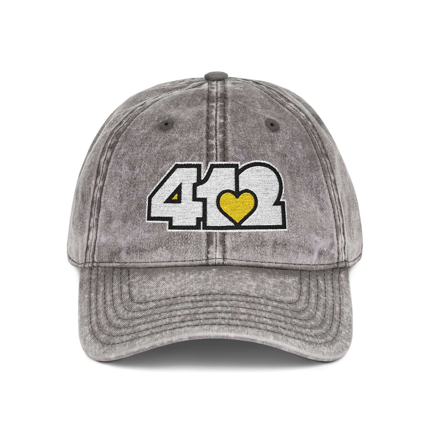 Pittsburgh Vintage Hat | Embroidered White and Yellow 412 Logo. Apparel Color: Charcoal Grey. A relaxed fit, cotton twill fabric, adjustable buckle, and washed-out finish look.