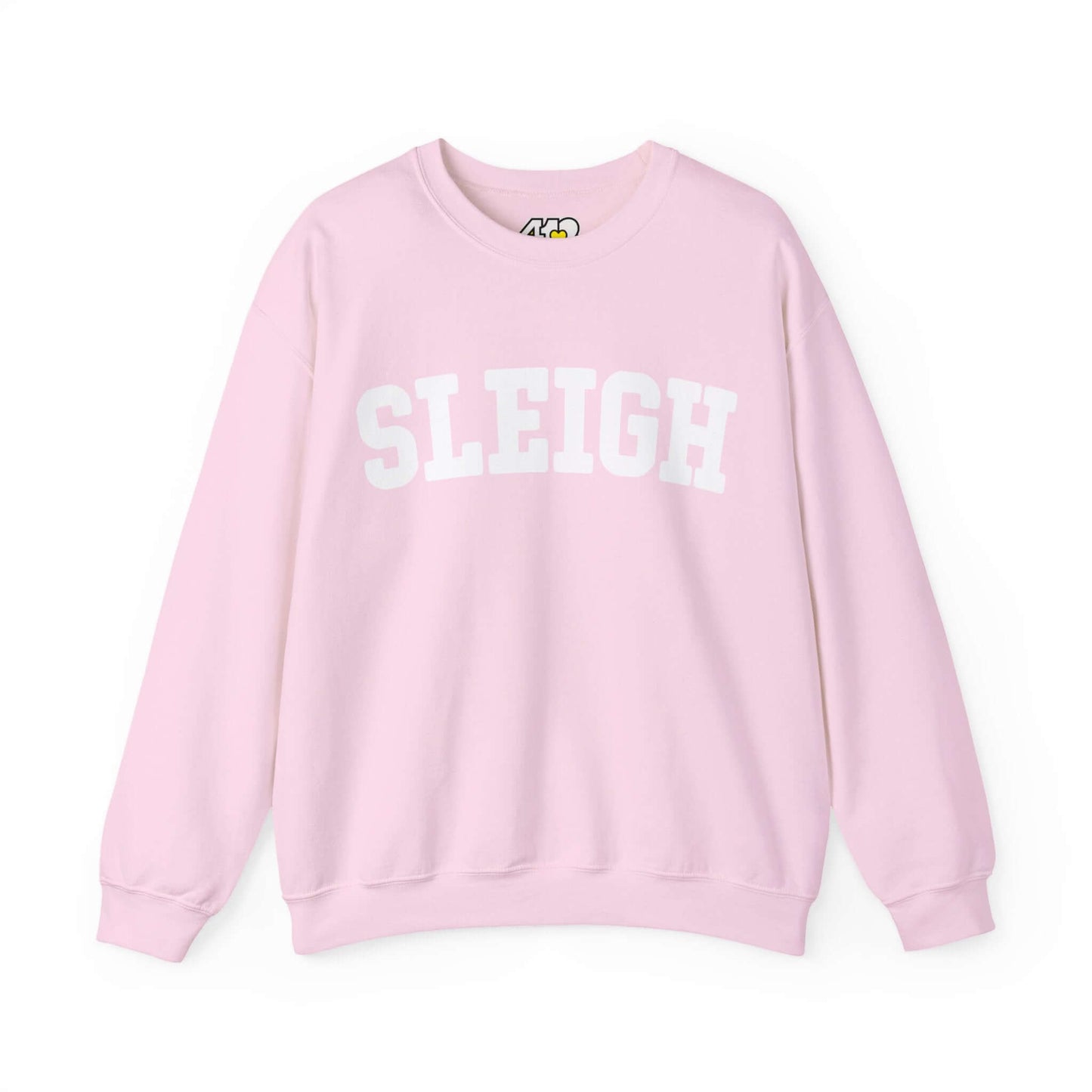 SLEIGH Sweatshirt | White Logo. Apparel Color: Light Pink. A blend of 50% cotton and 50% polyester for cozy durability. With an Elastic ribbed collar, and Double-needle stitching.