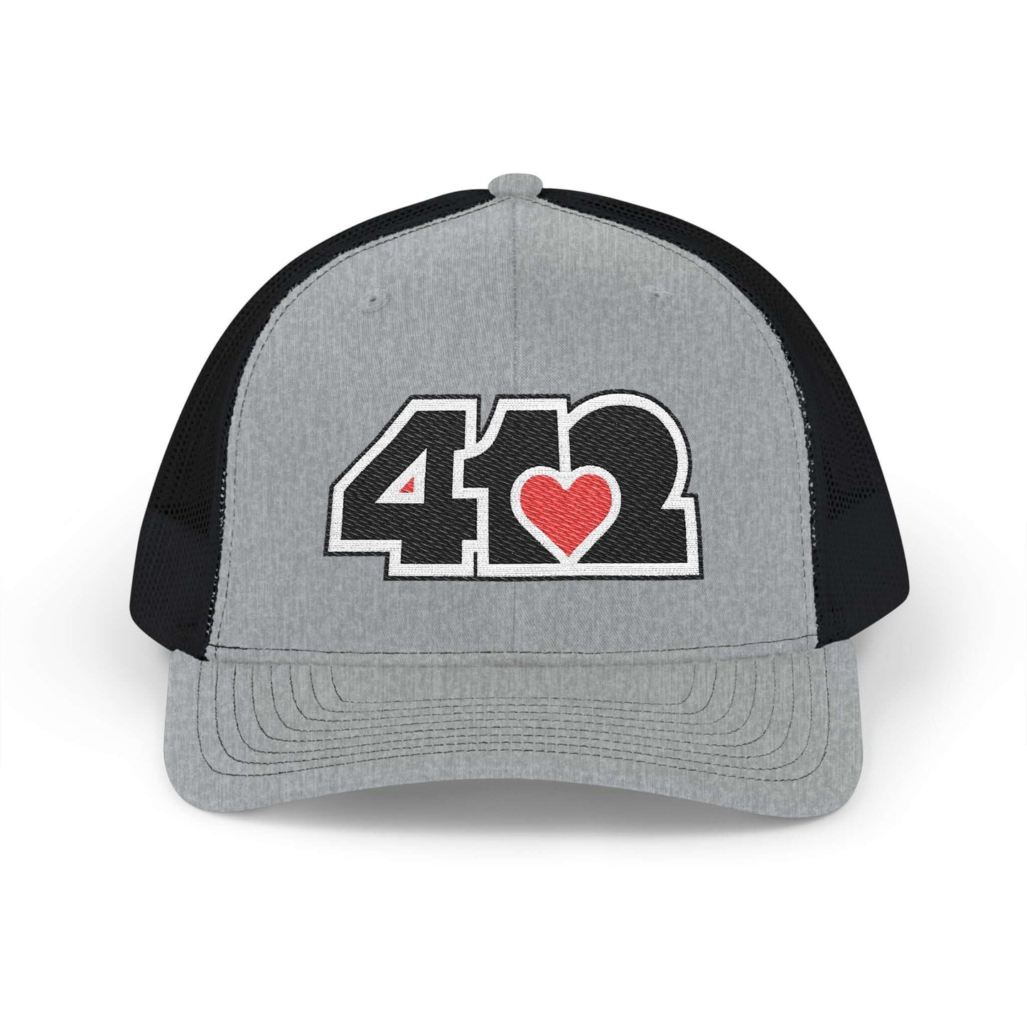 Snapback Hat | Embroidered Black and Red 412 Logo. Apparel Color: Heather Grey/Black. A comfy mid-profile adjustable fit for everyday flair
