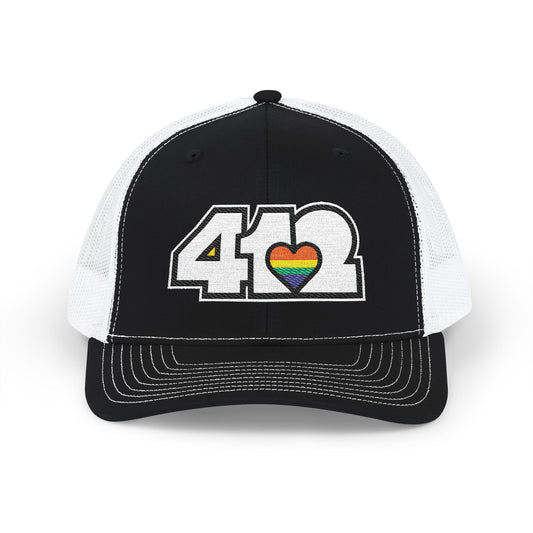 Snapback Hat | Embroidered White and Rainbow 412 Logo. Apparel Color: Black/White. A comfy mid-profile adjustable fit for everyday flair