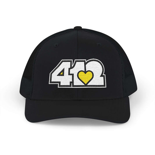 Snapback Hat | Embroidered White and Yellow 412 Logo. Apparel Color: Black. A comfy mid-profile adjustable fit for everyday flair