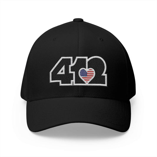 Stretch Fit Hat | Embroidered Black Stars and Stripes 412 Logo. Apparel Color: Black. The sleek design, featuring a mid-profile silhouette, and a curved visor.