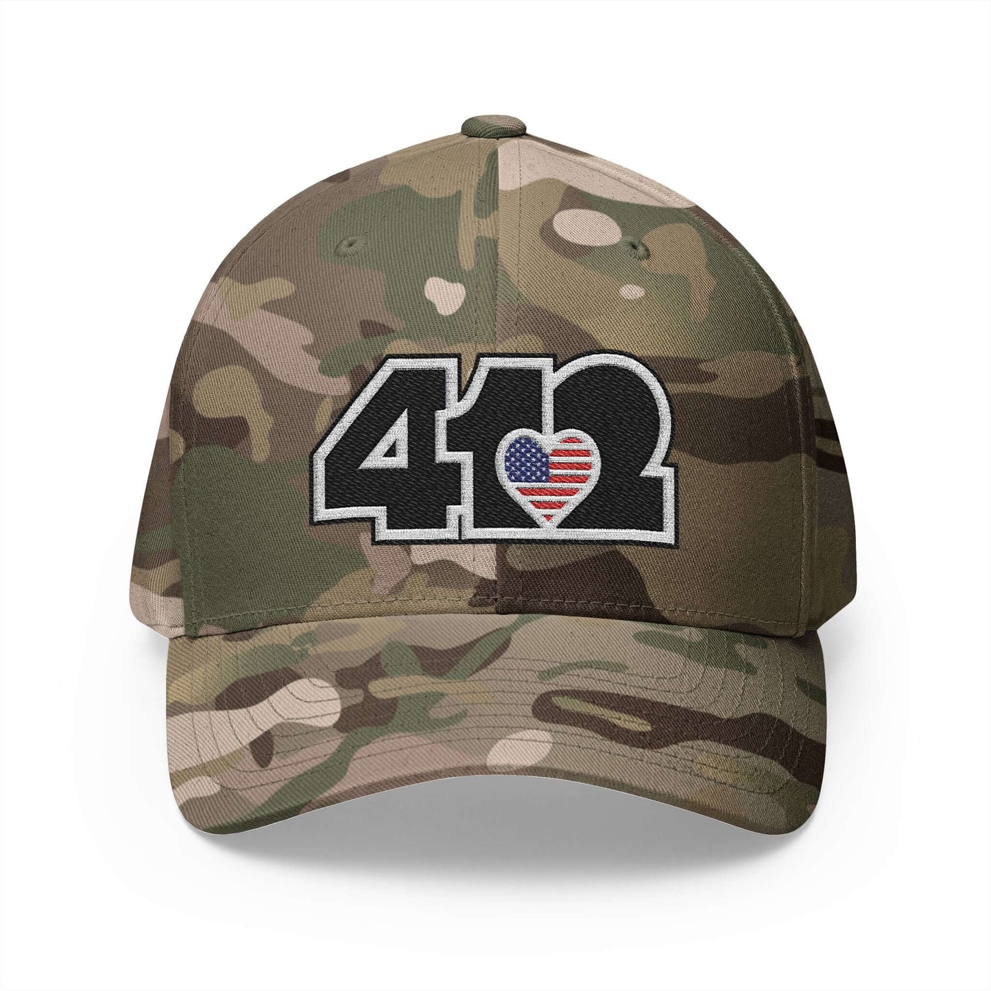 Stretch Fit Hat | Embroidered Black Stars and Stripes 412 Logo. Apparel Color: Multicam Green. The sleek design, featuring a mid-profile silhouette, and a curved visor.