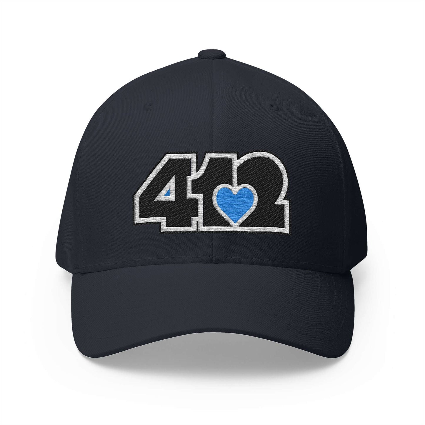 Stretch Fit Hat | Embroidered Black and Blue 412 Logo. Apparel Color: Dark Navy. The sleek design, featuring a mid-profile silhouette, and a curved visor.