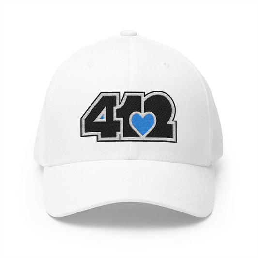 Stretch Fit Hat | Embroidered Black and Blue 412 Logo. Apparel Color: White. The sleek design, featuring a mid-profile silhouette, and a curved visor.