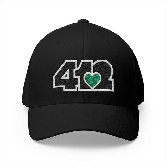 Stretch Fit Hat | Embroidered Black and Green 412 Logo. Apparel Color: Black. The sleek design, featuring a mid-profile silhouette, and a curved visor.