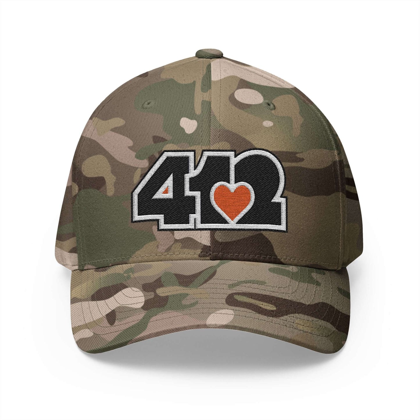 Stretch Fit Hat | Embroidered Black and Orange 412 Logo. Apparel Color: Multicam Green. The sleek design, featuring a mid-profile silhouette, and a curved visor.