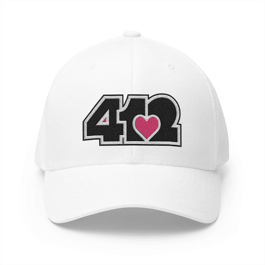 Stretch Fit Hat | Embroidered Black and Pink 412 Logo. Apparel Color: White. The sleek design, featuring a mid-profile silhouette, and a curved visor.