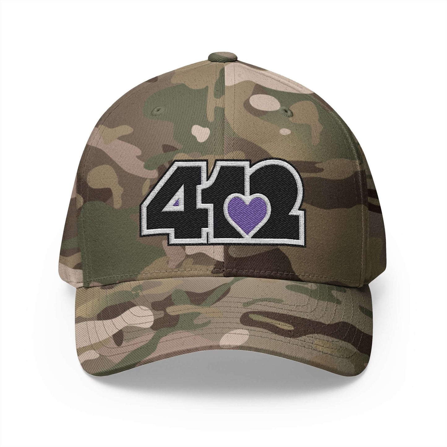Stretch Fit Hat | Embroidered Black and Purple 412 Logo. Apparel Color: Multicam Green. The sleek design, featuring a mid-profile silhouette, and a curved visor.