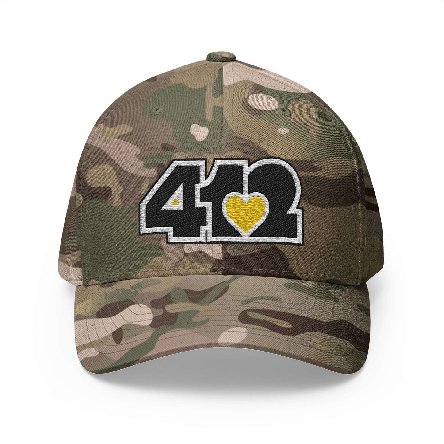 Stretch Fit Hat | Embroidered Black and Yellow 412 Logo. Apparel Color: Multicam Green. The sleek design, featuring a mid-profile silhouette, and a curved visor.