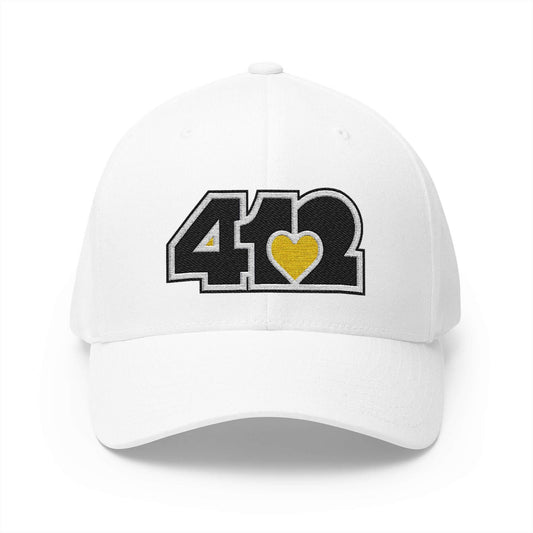Stretch Fit Hat | Embroidered Black and Yellow 412 Logo. Apparel Color: White. The sleek design, featuring a mid-profile silhouette, and a curved visor.