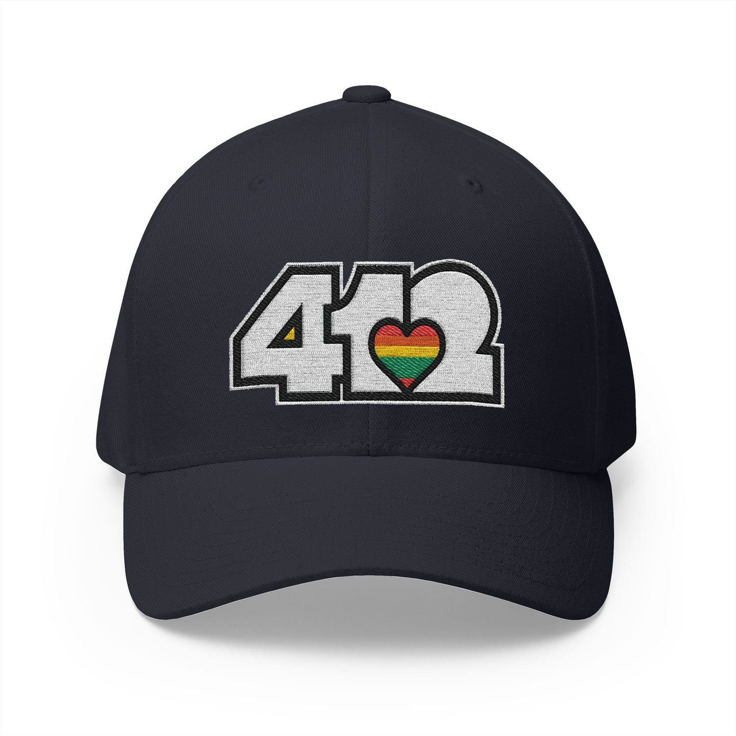 Stretch Fit Hat | Embroidered White Rainbow 412 Logo. Apparel Color: Dark Navy. The sleek design, featuring a mid-profile silhouette, and a curved visor.