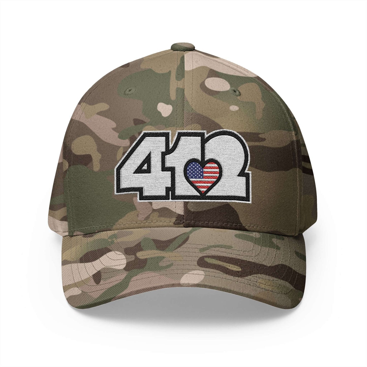 Stretch Fit Hat | Embroidered White Stars and Stripes 412 Logo. Apparel Color: Multicam Green. The sleek design, featuring a mid-profile silhouette, and a curved visor.