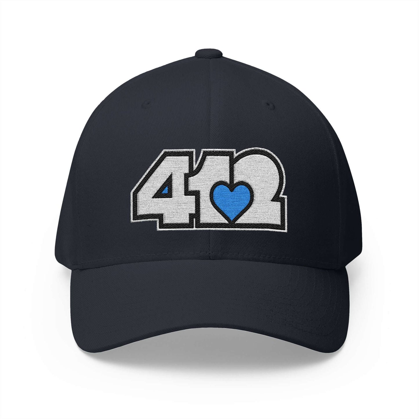 Stretch Fit Hat | Embroidered White and Blue 412 Logo. Apparel Color: Dark Navy. The sleek design, featuring a mid-profile silhouette, and a curved visor.