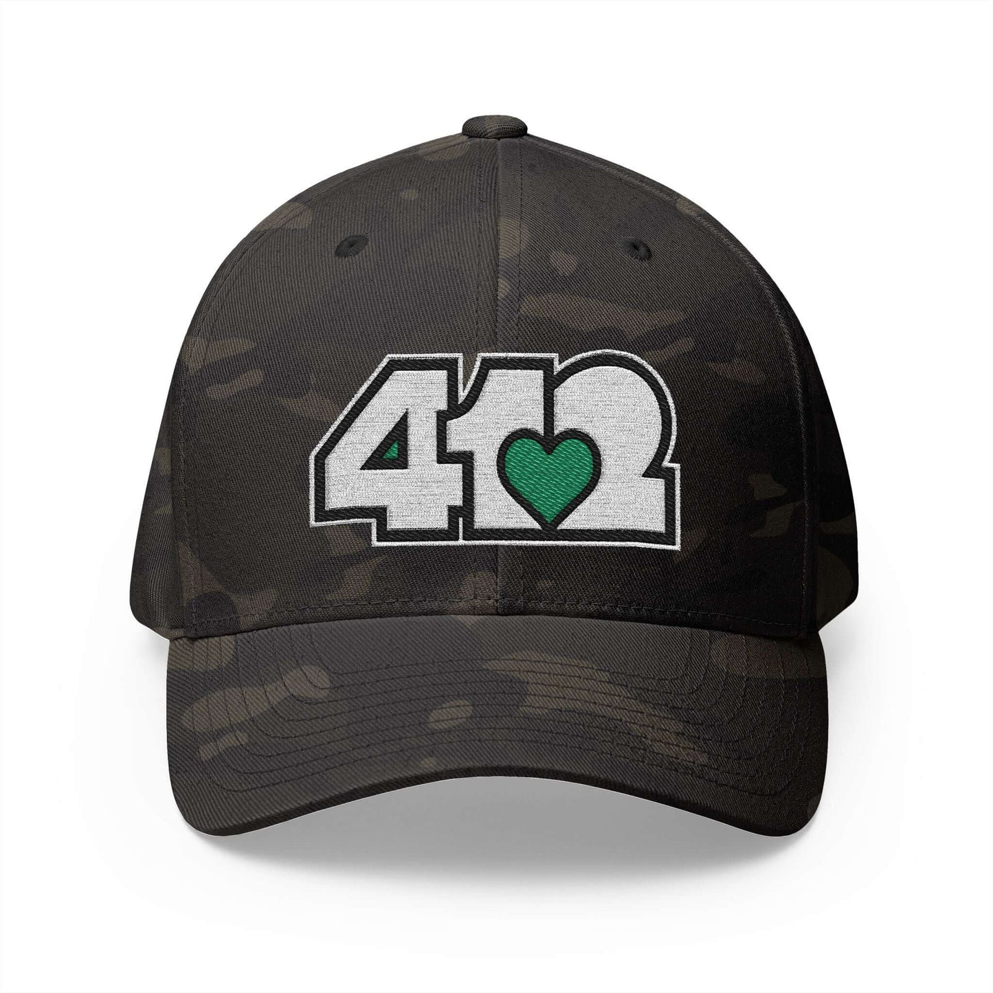 Stretch Fit Hat | Embroidered White and Green 412 Logo. Apparel Color: Multicam Black. The sleek design, featuring a mid-profile silhouette, and a curved visor.