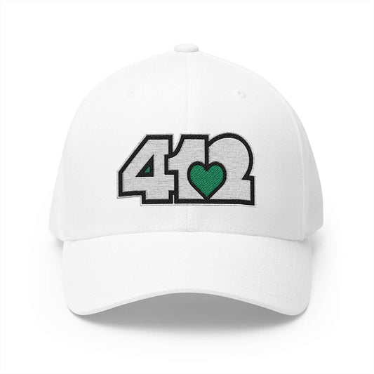 Stretch Fit Hat | Embroidered White and Green 412 Logo. Apparel Color: White. The sleek design, featuring a mid-profile silhouette, and a curved visor.