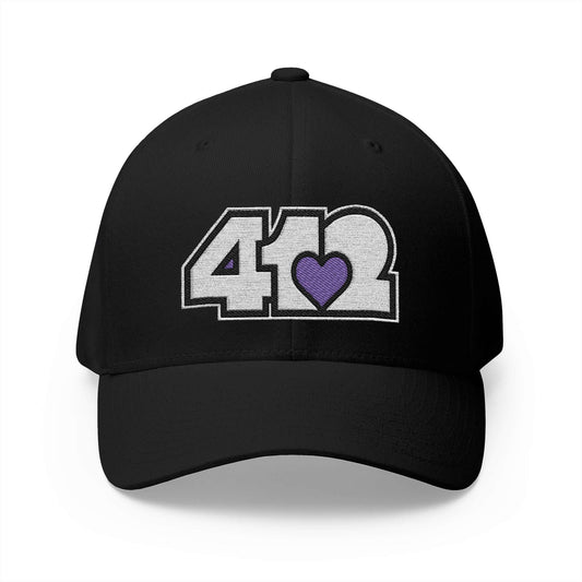 Stretch Fit Hat | Embroidered White and Purple 412 Logo. Apparel Color: Black. The sleek design, featuring a mid-profile silhouette, and a curved visor.