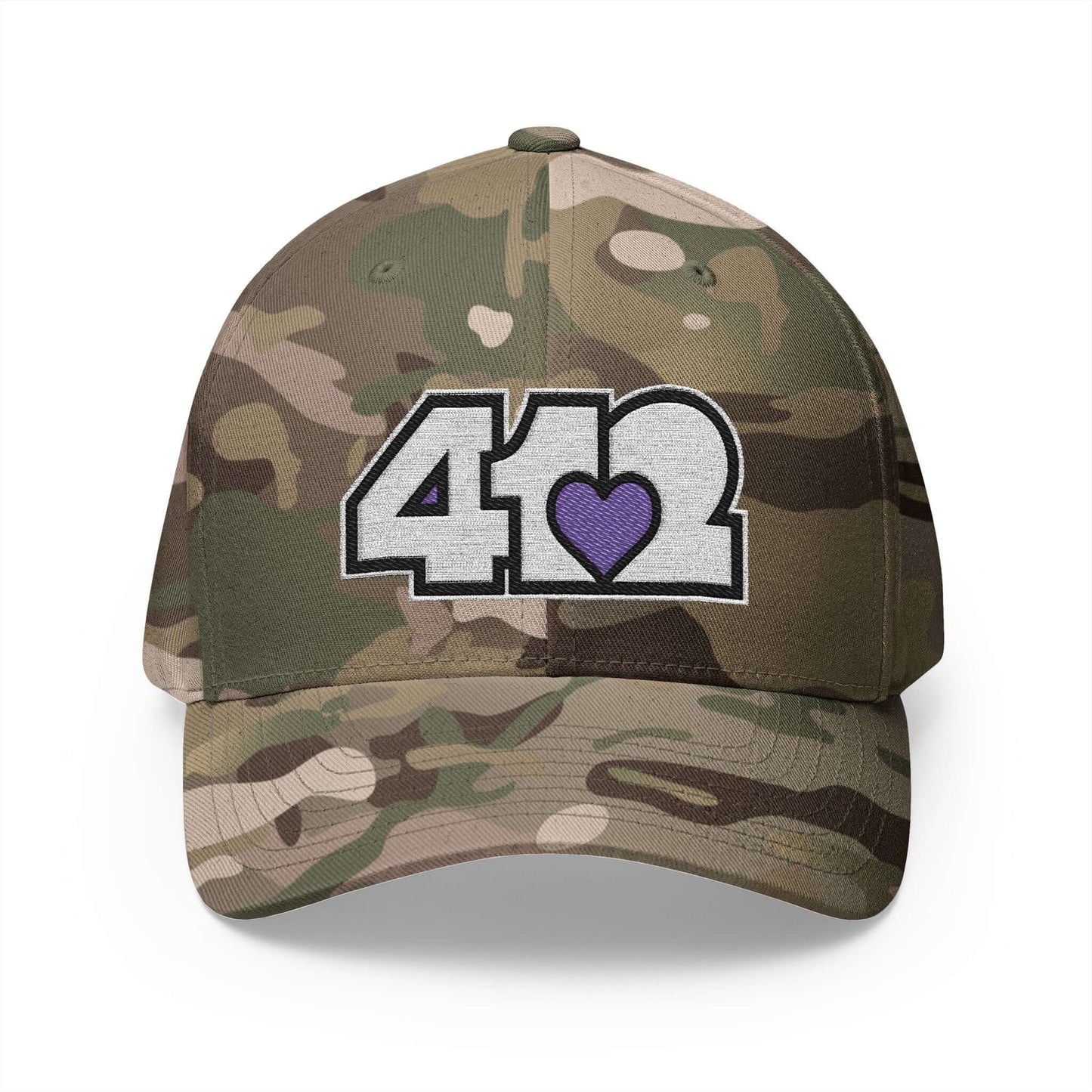 Stretch Fit Hat | Embroidered White and Purple 412 Logo. Apparel Color: Multicam Green. The sleek design, featuring a mid-profile silhouette, and a curved visor.
