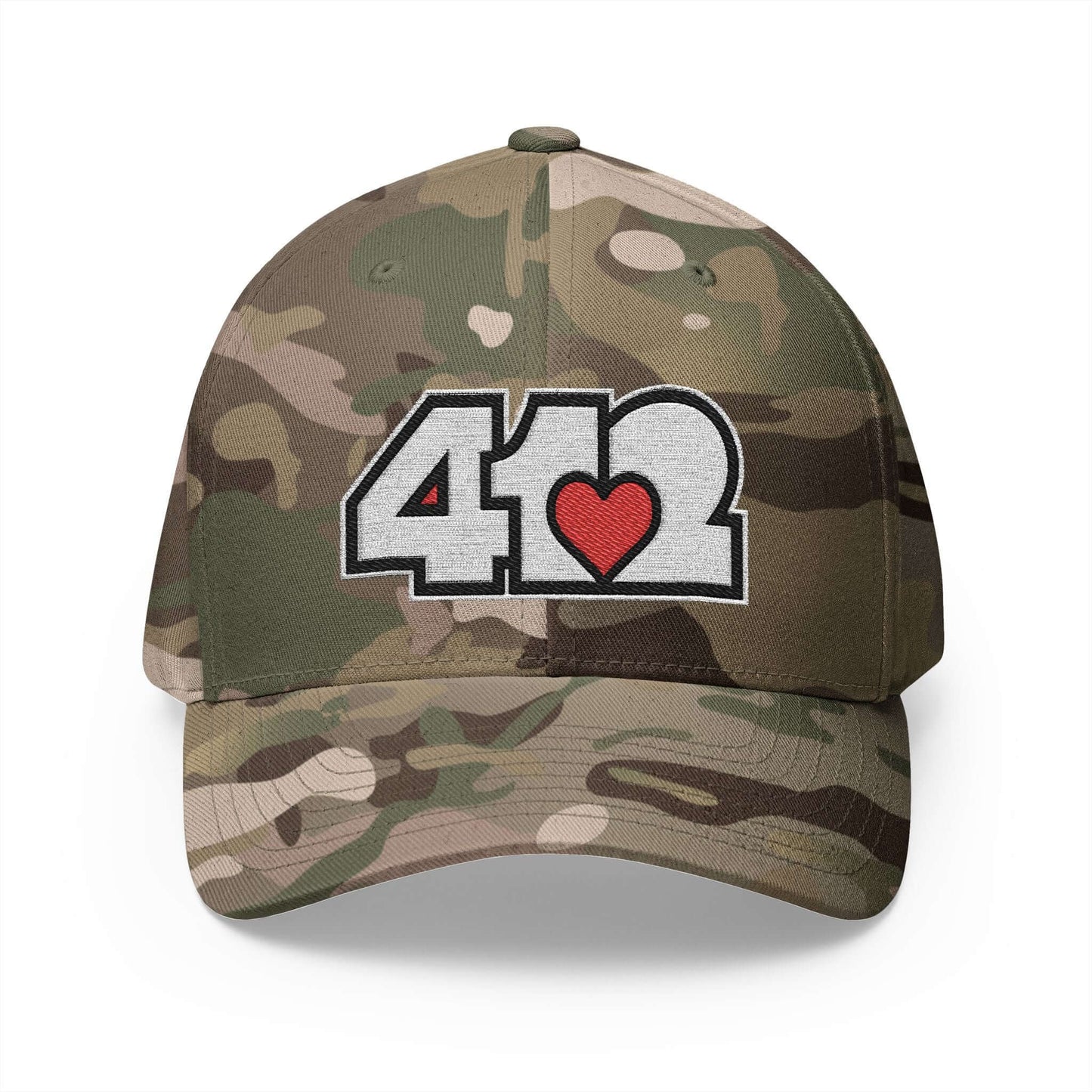 Stretch Fit Hat | Embroidered White and Red 412 Logo. Apparel Color: Multicam Green. The sleek design, featuring a mid-profile silhouette, and a curved visor.
