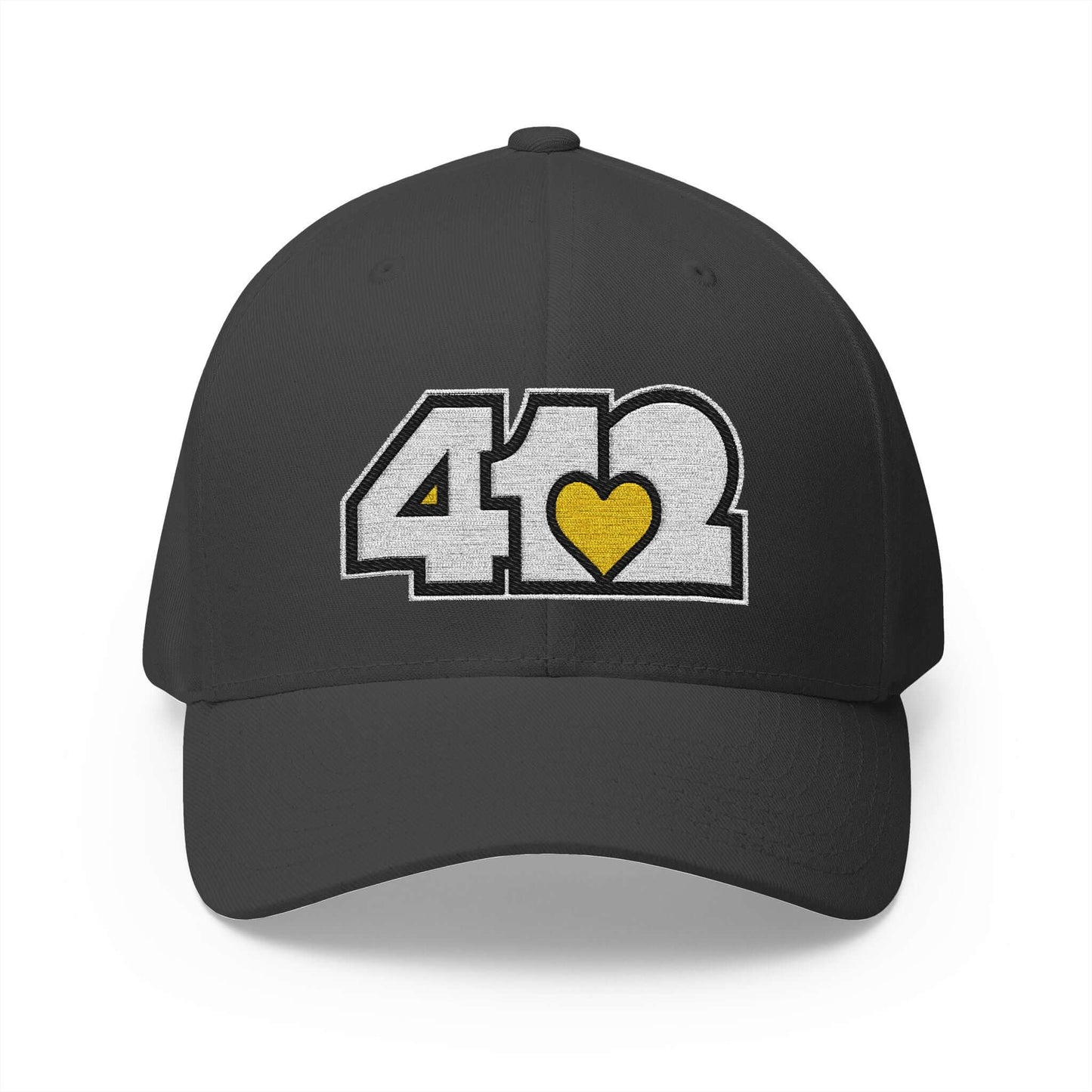 Stretch Fit Hat | Embroidered White and Yellow 412 Logo. The sleek design, featuring a mid-profile silhouette, and a curved visor.