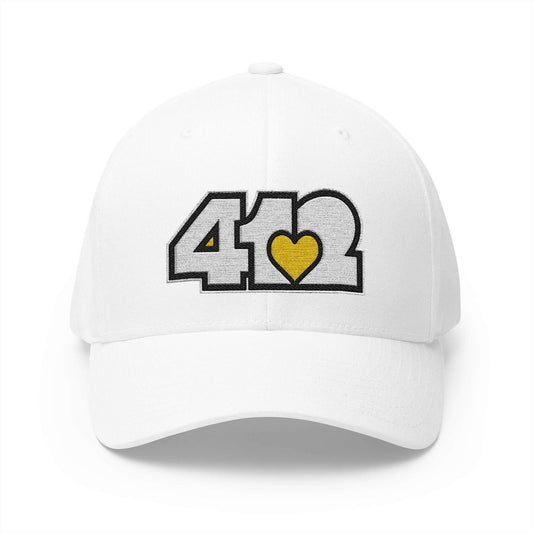 Stretch Fit Hat | Embroidered White and Yellow 412 Logo. The sleek design, featuring a mid-profile silhouette, and a curved visor.