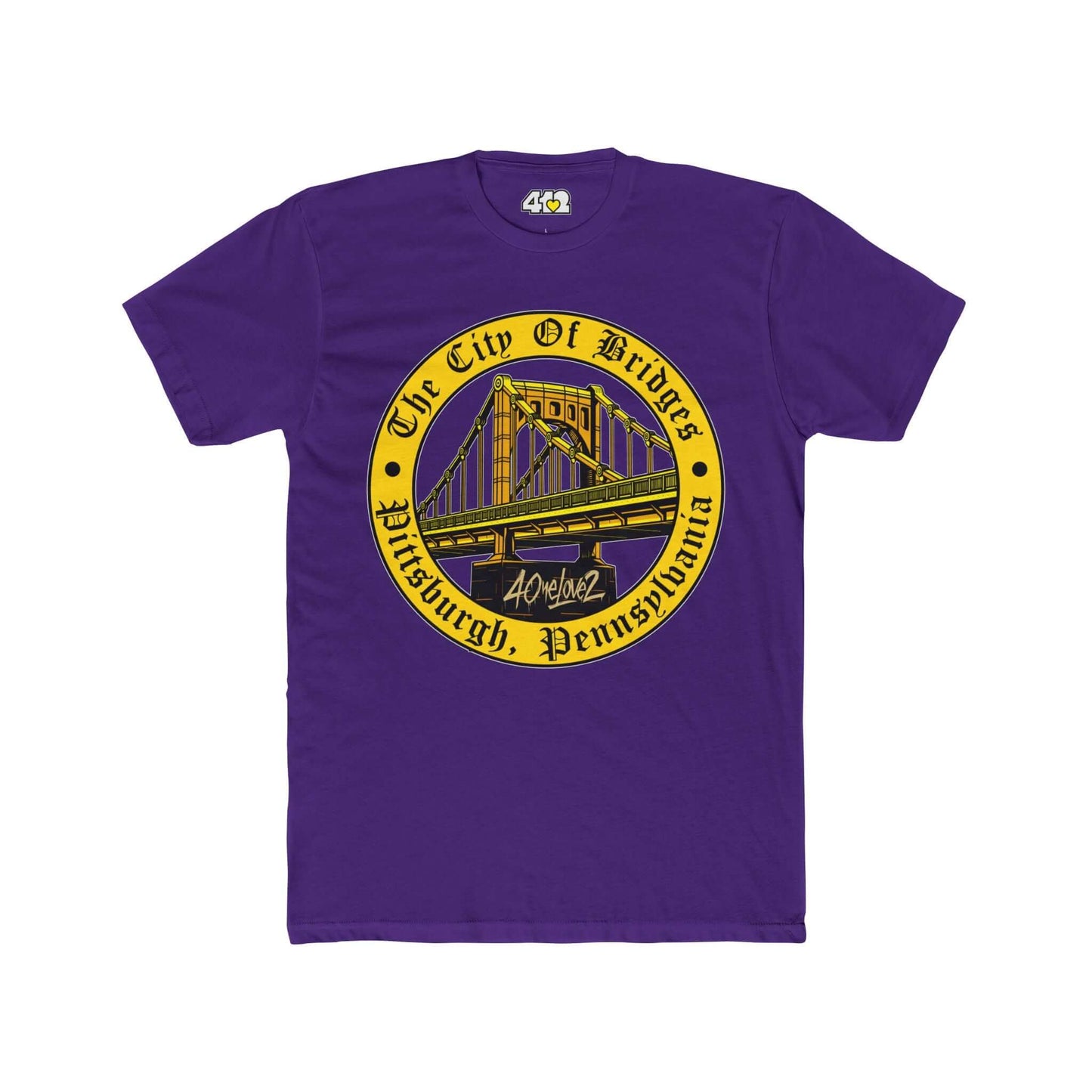 The City of Bridges T-Shirt | Full Color Logo. Apparel Color: Solid Purple Rush. Tailored fit T-Shirt with breathable cotton fabric, and classic neckline.