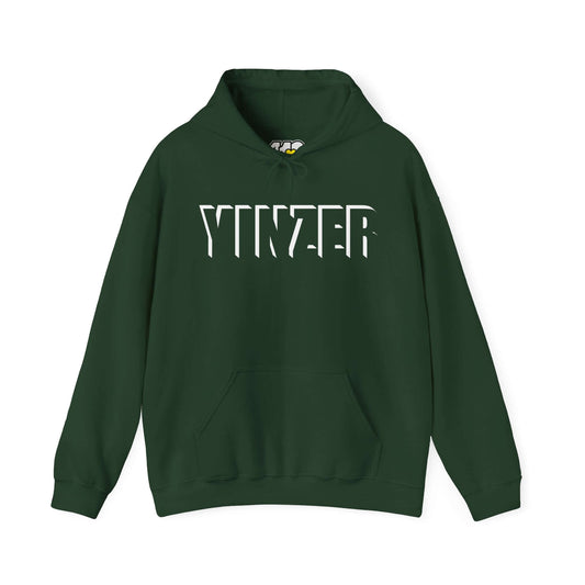 YINZER Hoodie | Bold White Logo. Apparel Color: Forest Green. 50/50 cotton-poly blend, cozy fit, kangaroo pocket, adjustable drawstring hood.