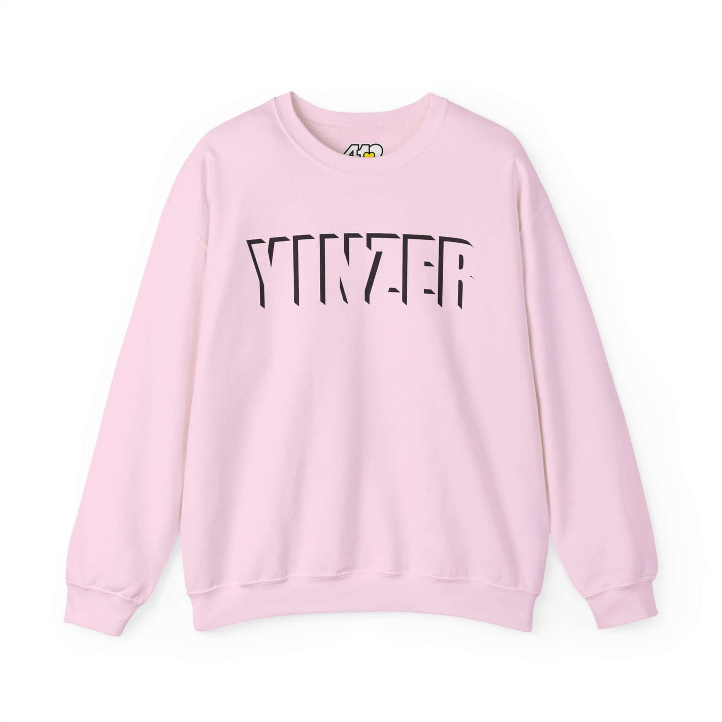 YINZER Sweatshirt | Black Logo. Apparel Color: Light Pink. A blend of 50% cotton and 50% polyester for cozy durability. With an Elastic ribbed collar, and Double-needle stitching.