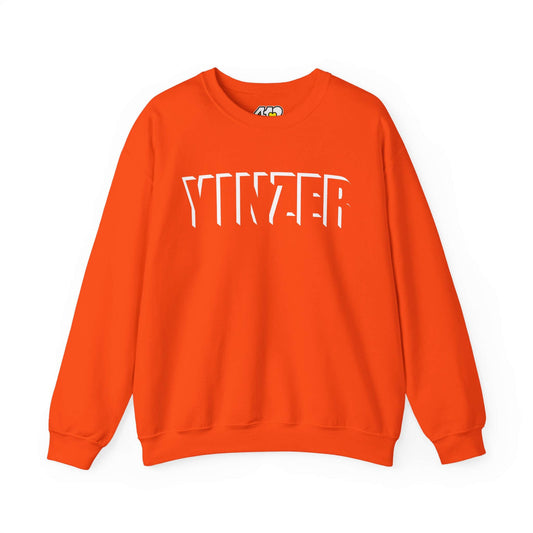 YINZER Sweatshirt | White Logo. Apparel Color: Orange. A blend of 50% cotton and 50% polyester for cozy durability. With an Elastic ribbed collar, and Double-needle stitching.