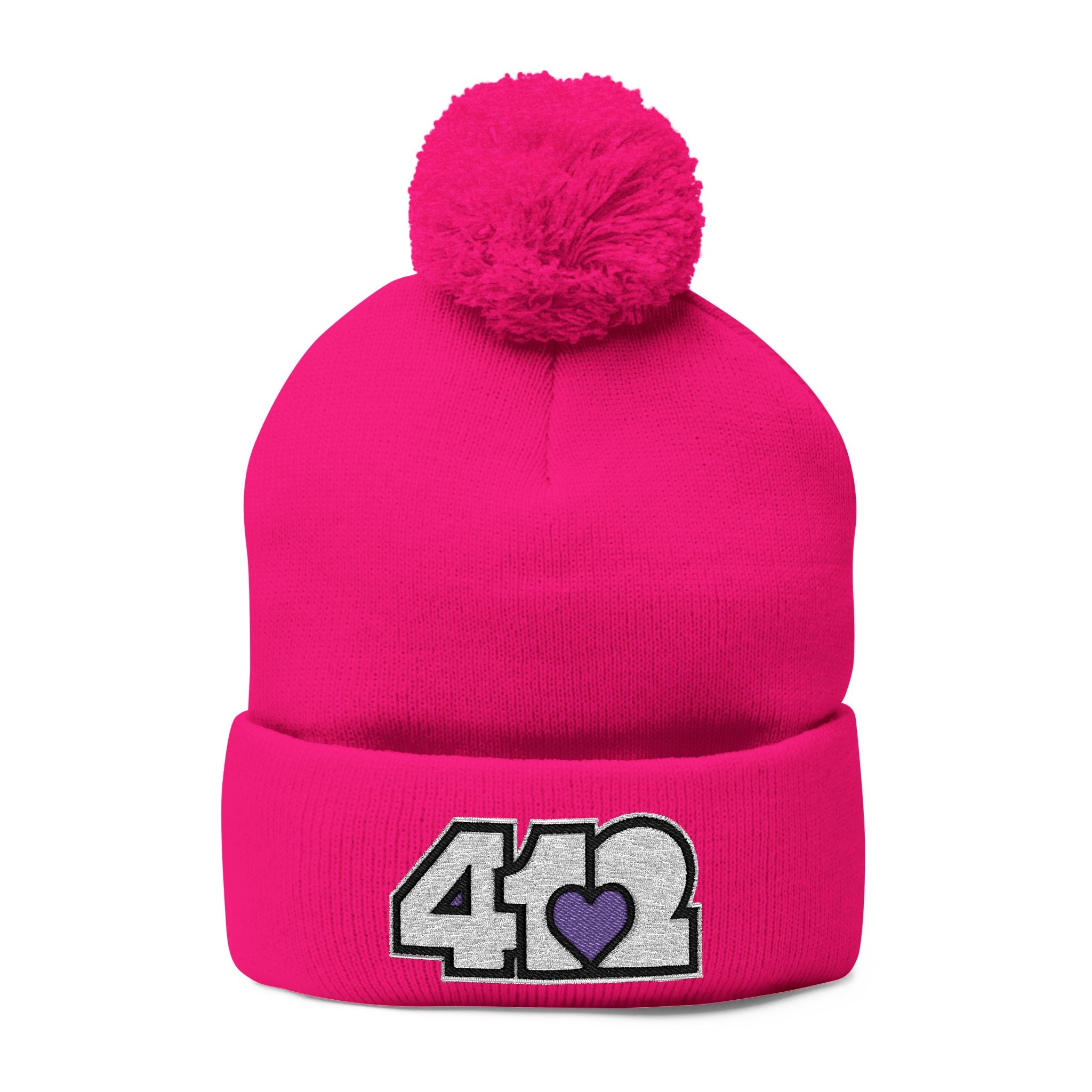 Pittsburgh 412 White Purple Heart Embroidered Pom Beanie