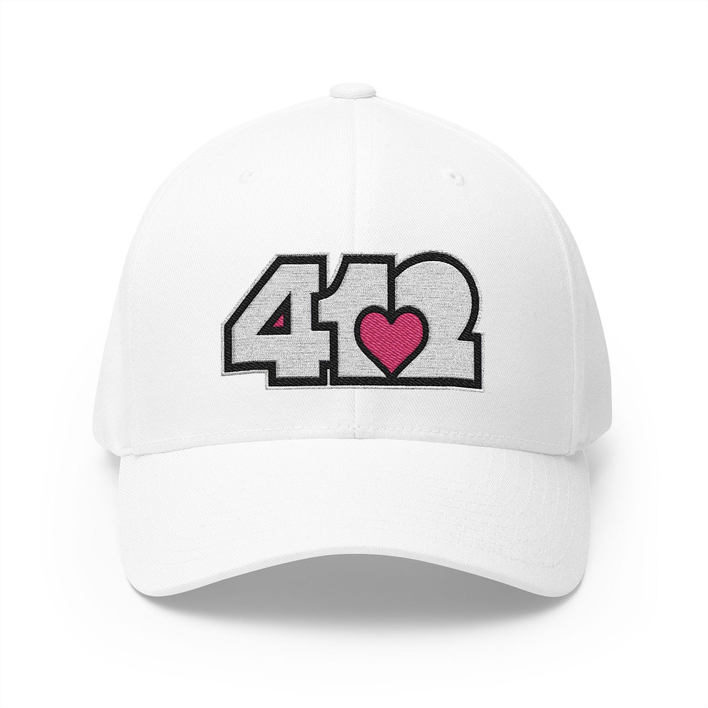 412 Stretch Fit Crown - Embroidered Pink Heart, White Logo