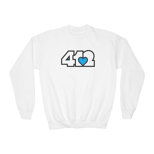 412 Crew Neck Youth Sweatshirt - Blue Heart, White Logo