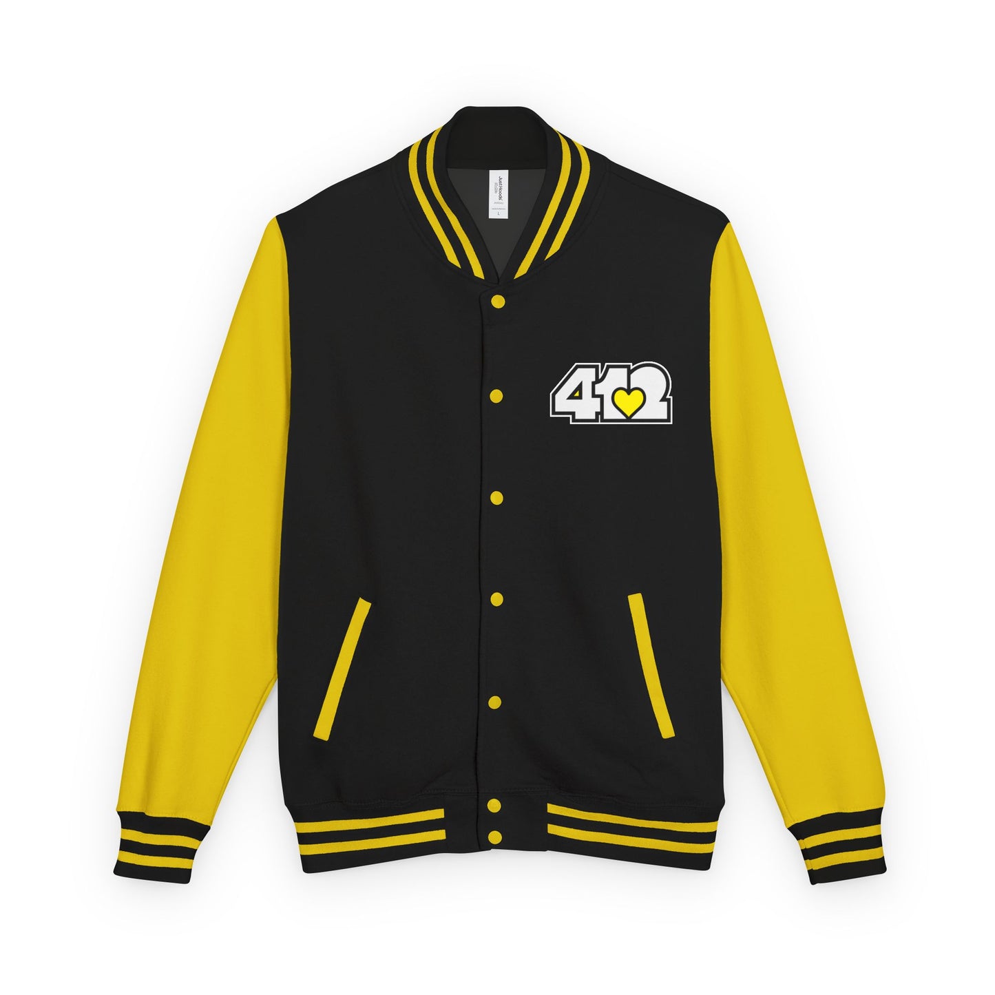 412 Embroidered Letterman Jacket - Yellow Heart, White Logo