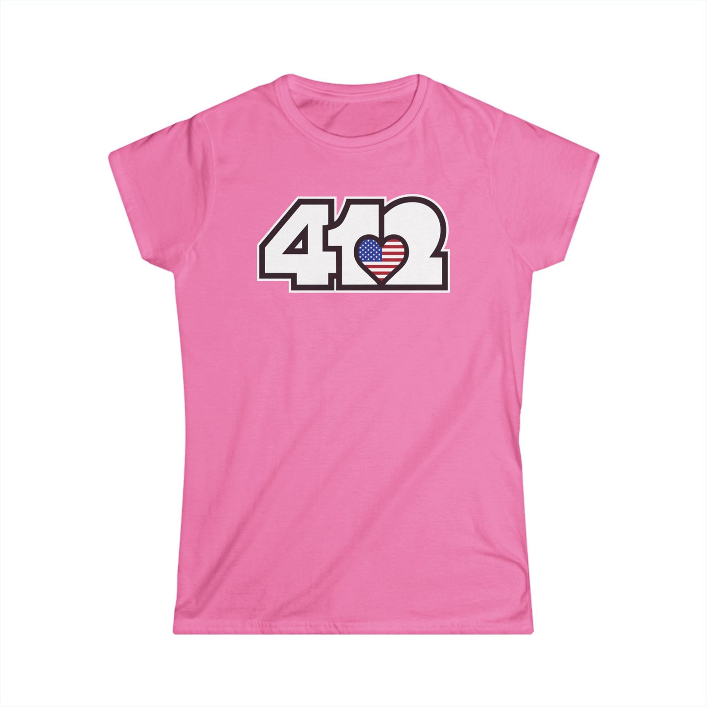 412 Women's Softstyle Tee - Stars & Stripes Heart, White Logo