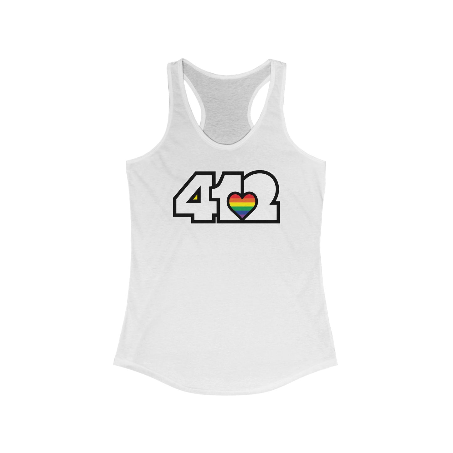 412 Women's Racerback Tank Top - Rainbow Heart, White Logo