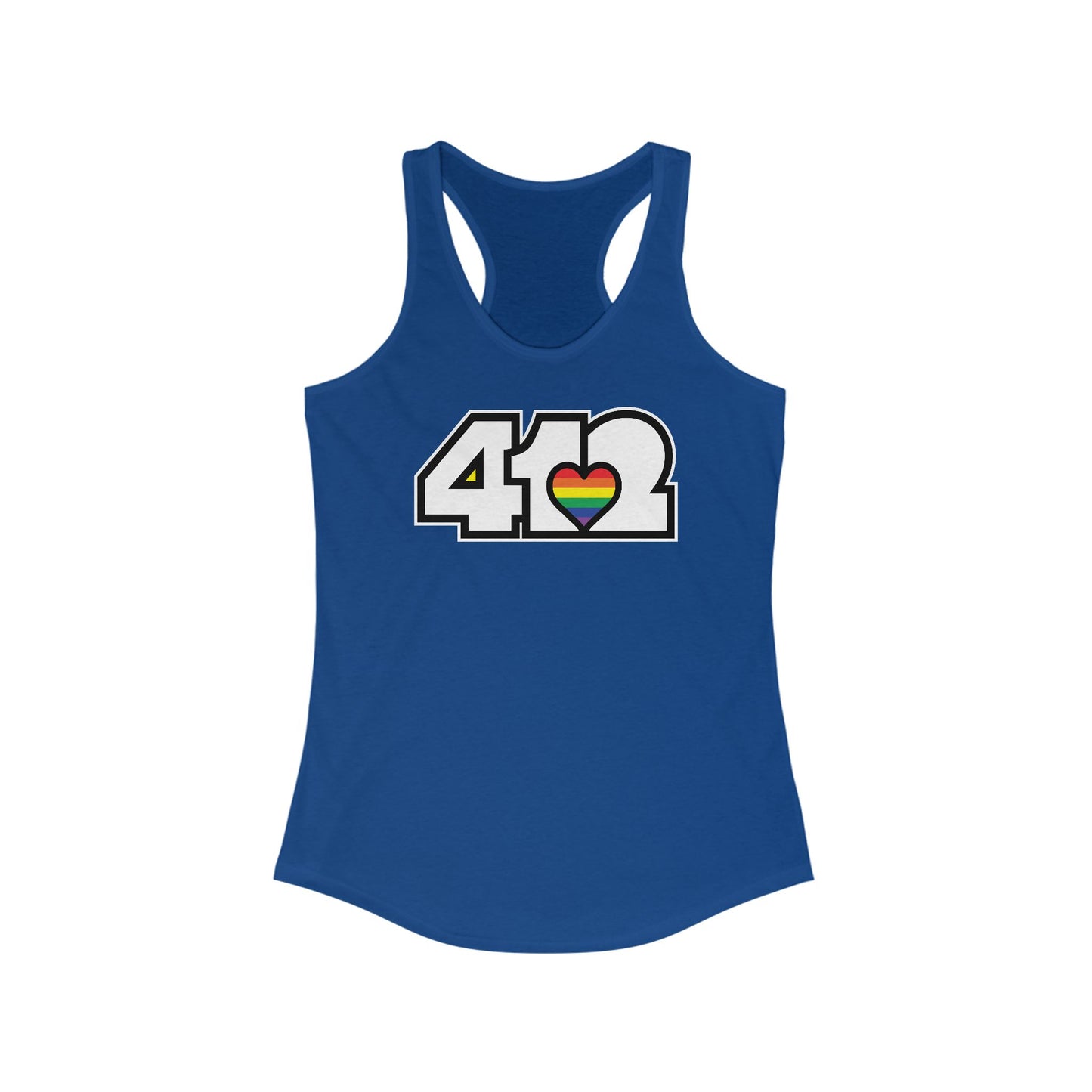 412 Women's Racerback Tank Top - Rainbow Heart, White Logo