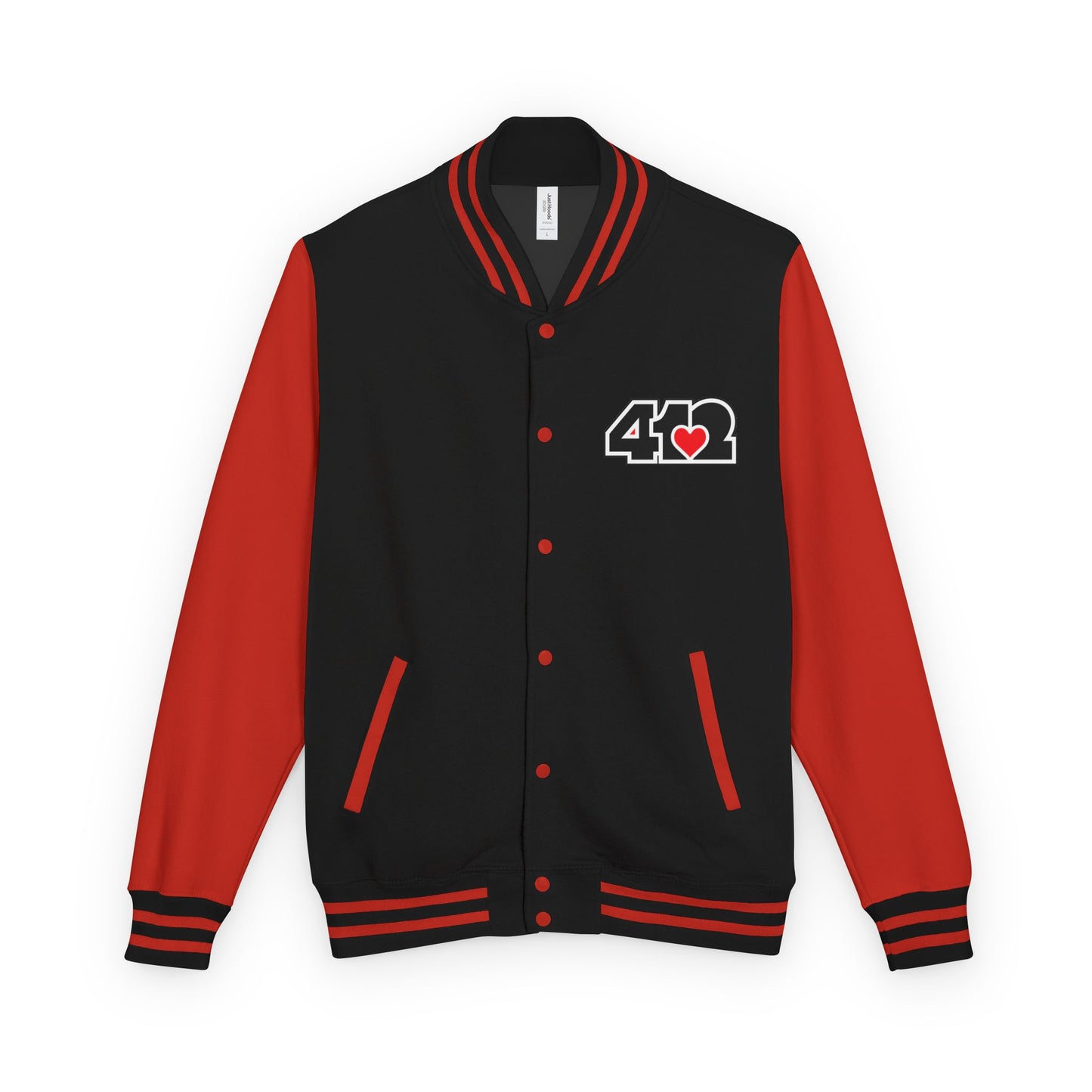 412 Embroidered Letterman Jacket - Red Heart, Black Logo
