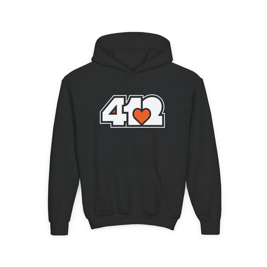 412 Classic Fit Youth Hoodie - Orange Heart, White Logo