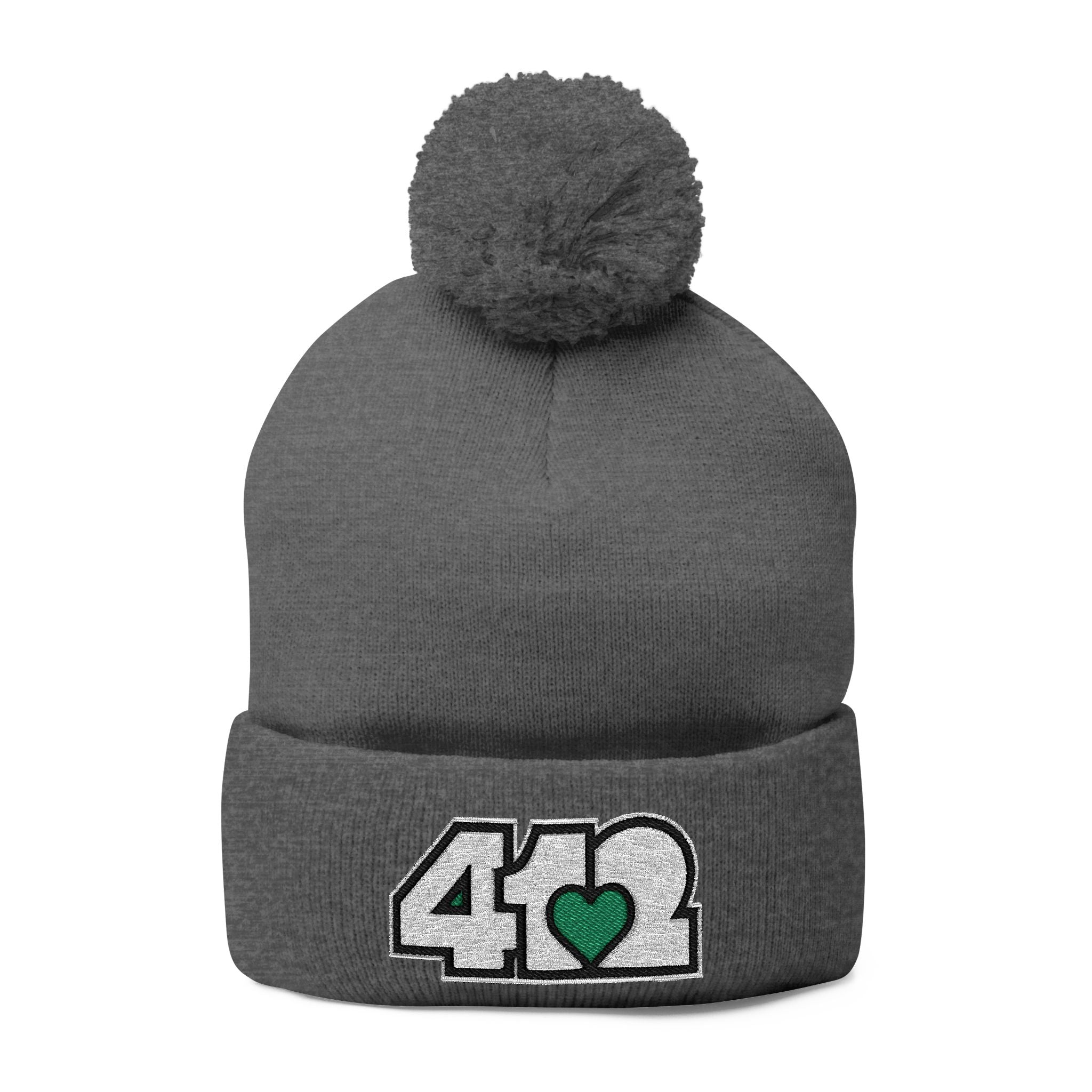 Pittsburgh 412 White Green Heart Embroidered Pom Beanie
