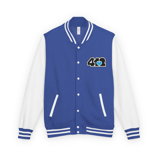 412 Embroidered Letterman Jacket - Blue Heart, Black Logo