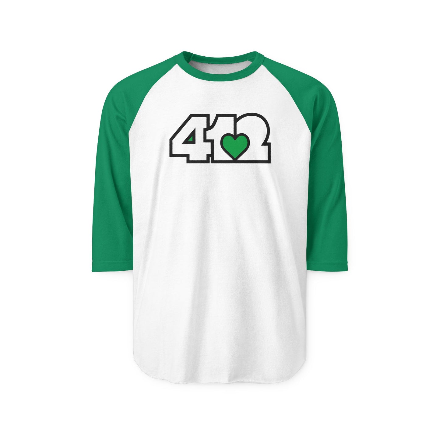 412 Raglan Baseball Tee - Green Heart, White Logo