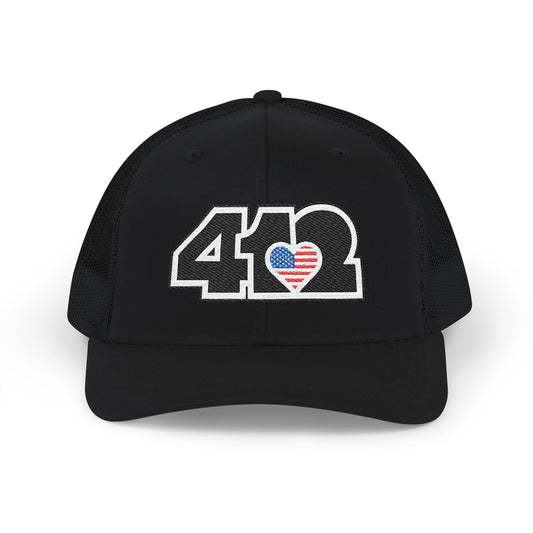 412 Snapback Crown – Embroidered Stars & Stripes Heart, Black Logo