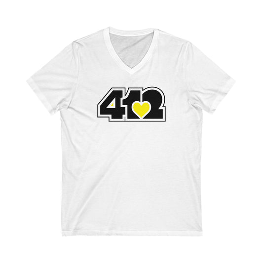 412 Women's V-Neck - Yellow Heart, Black Logo