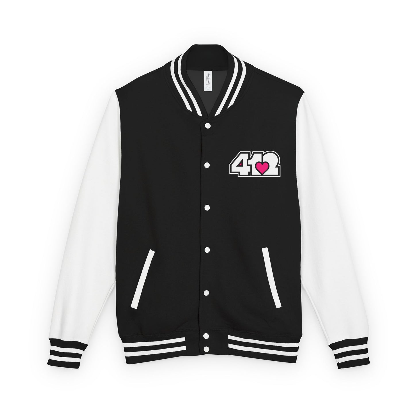 412 Embroidered Letterman Jacket - Pink Heart, White Logo